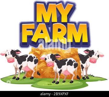 Schriftdesign für "Word my Farm" mit vielen Kühen Illustration Stock Vektor