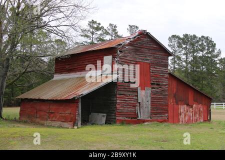 Eine alte alte rote Bauernscheune auf einem Rasenplatz Stockfoto