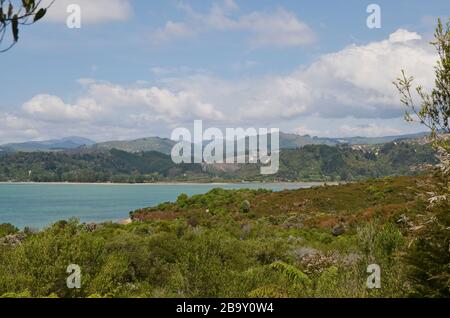 Luftbild an der Sandy Bay Abel Tasman N.P. Neuseeland Stockfoto