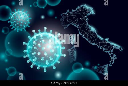 Geografische Karte für Italien. Vorbeugung gegen Infektionspneumonie Digitales 3D-Banner mit niedriger Poly. Internationaler Ausbruch von Auslandsreisen. Europa international Stock Vektor