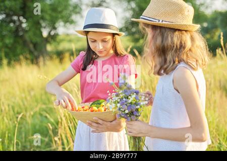 Kinder zwei Mädchen am sonnigen Sommertag auf der Wiese mit einer Schüssel Süßkirsche, mit Sonnenuntergang Stockfoto