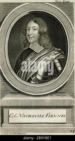 Nathaniel Fiennes (1608-1669), Mitglied des englischen Parlaments für Banbury in Oxfordshire und Puritaner, der im Englischen Bürgerkrieg für das Parlament gekämpft hat. 1643 wurde er zum Tode verurteilt, weil er Bristol dem Neffen des Königs, Prinz Rupert, übergeben hatte, aber von Oliver Cromwell und anderen Parlamentsgenerälen entlastet. Gravur in den 1700er Jahren des flämischen Gravierers Michael van der Gucht (1660-1725). Stockfoto