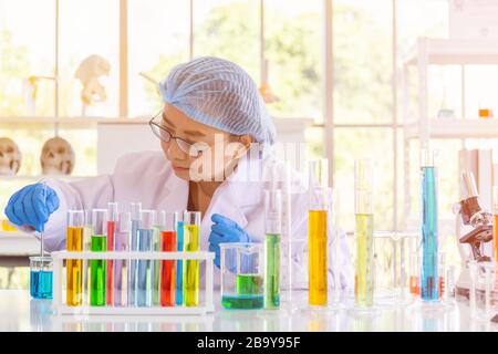 Eine asiatische Wissenschaftlerin erforscht eine chemische Formel in einem Labor. Stockfoto