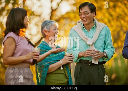 Lächelnd Gruppe von Freunden feiern mit Getränken in einem Hinterhof. Stockfoto