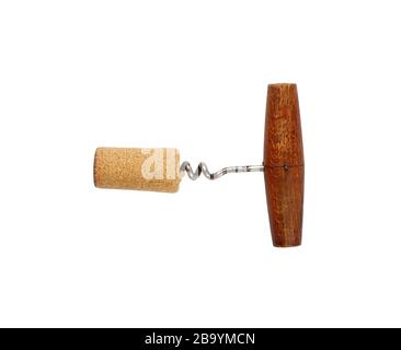 Ein alter alter, alter Flaschenöffner aus Holz mit Rotweinkork isoliert auf weißem Grund, erhöhte Draufsicht, direkt oben Stockfoto