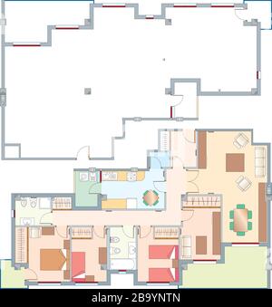 Vector Illustration. Haus plan leer und mit der Verteilung und Möbel. Stock Vektor