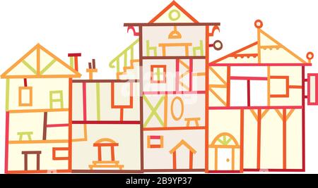 Vector Illustration. Einfache Zeichnung einer Gruppe von Holz Gebäude. Stock Vektor