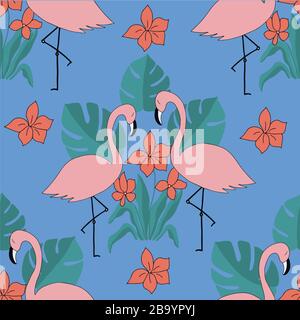 Nahtloses Muster mit dem Bild von rosafarbenen Flamingos, roten Blumen und Blättern auf blauem Hintergrund. Für die Gestaltung von Tapeten, Textilien, Telefonverkleidungen Stock Vektor