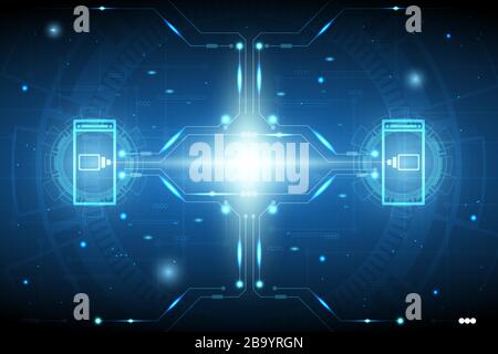 Hintergrund der Konzepttechnologie mit leuchtenden Handy- und Batteriesymbole, Schaltbild und Glitzereffekt. Stock Vektor