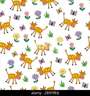 Vektor nahtloses Muster auf weißem Hintergrund, niedliche Cartoon-Kühe, Blumen und Schmetterlinge. Für die Gestaltung von Textilien, Tapeten und Verpackungspapier Stock Vektor