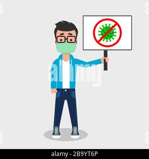 Beenden Sie das Konzept von Coronavirus. Junger Mann mit Gesichtsmaske, die Banner mit Stopp-Coronavirus-Zeichen hält. Kampf gegen COVID 19. Quarantäne des Coronavirus. Vektor Stock Vektor