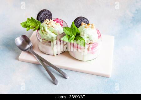 Zwei leckere, hausgemachte bunte Popplisseis mit Minze- und Schokoladeplätzchen, die in einem Glasgefäß liegen Stockfoto