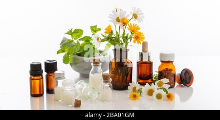 Alternative Pflanzenheilkunde. Medizinische Glasflaschen und frische Wildblumen und Kräuter vor weißem Hintergrund isoliert. Aromatherapie, homöopathie natura Stockfoto