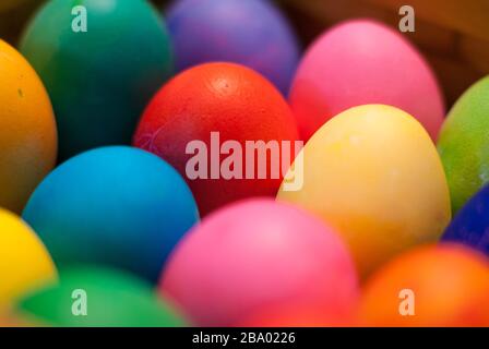Nahaufnahme mehrerer Eier, die blau, pink, rot, gelb, orange und grün gefärbt sind und ein rotes Ei umgeben, das in der Mitte im Fokus steht Stockfoto