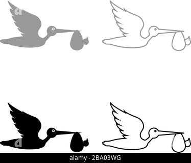 Stork trägt Baby in der Tasche Flying Bird mit Art in Schnabelbündel Icon Outline Set schwarz grau Farbe Vector Illustration Flat-Style einfaches Bild Stock Vektor