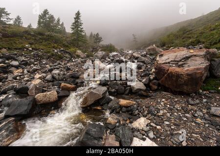 Unter den Steinen fließt im Nebel ein Gebirgsfluss. Große Felsbrocken und kleine Steine. Horizontal. Stockfoto