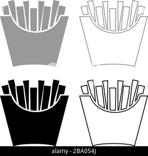 Pommes frites in der Packung Bratkartoffeln in Papiertüten fast Food in Eimer-Box Snack Concept Icon Outline Set schwarz grau Vektor Illustration flach Stock Vektor