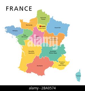 Frankreich, politische Karte mit mehrfarbigen Regionen von Metropolitan France. Französische Republik, Hauptstadt Paris, Verwaltungsregionen und Präfektur. Stockfoto