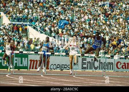 Edwin Moses (USA) tritt bei den Leichtathletik-Weltmeisterschaften 1987 an. Stockfoto