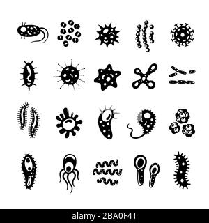 Bakterien und Viren sammeln sich in flacher Form, Mikroorganismen, die krankheitsverursachende Objekte verursachen. Verschiedene Arten, Bakterien, Viren, Coronavirus, Infusorium Stock Vektor