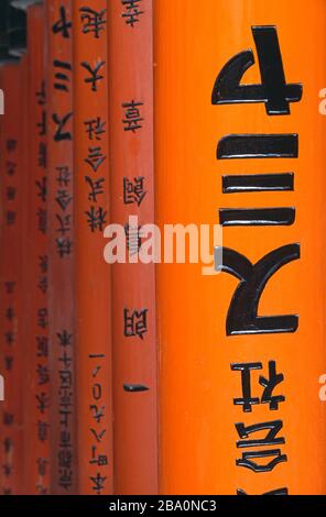 Nahaufnahme der japanischen Schrift über Torii-Tore am Fushimi Inari-Schrein. Kyoto, Japan Stockfoto