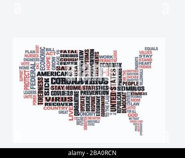 United States Coronavirus Word Cloud Map. Amerika Coronavirus Karte mit Briefen gefüllt. Deckenbanner Hintergrund Stock Vektor
