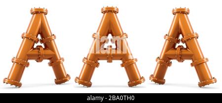 Buchstabe A aus Kupferrohren, 3D-Rendering isoliert auf weißem Hintergrund Stockfoto