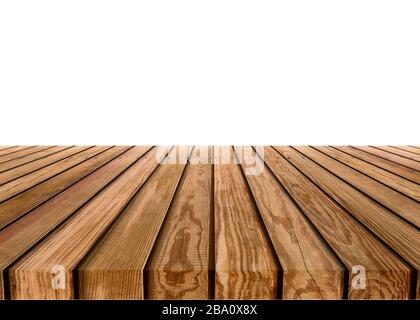 Tischplatte mit Holzstreifen auf weißem Hintergrund Stockfoto