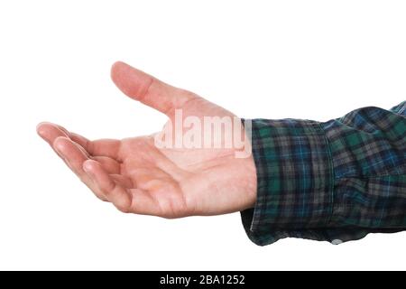 Mann mit ausgestreckter Hand isoliert auf weißem Hintergrund Stockfoto