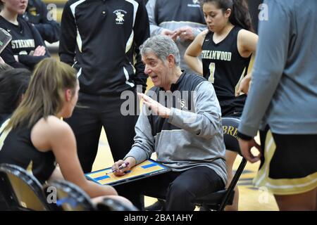 Cheftrainer spricht sein Team während eines Timeouts an. USA. Stockfoto