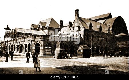 Bahnhof Middlesbrough um 1900. Middlesbroughs erster Personenbahnhof wurde von John Middleton entworfen und am 26. Juli 1847 eröffnet. Das elliptische Dach wurde bei einem deutschen tageslichtdurchfall am 3. August 1942 schwer beschädigt und 1952 entfernt. Stockfoto