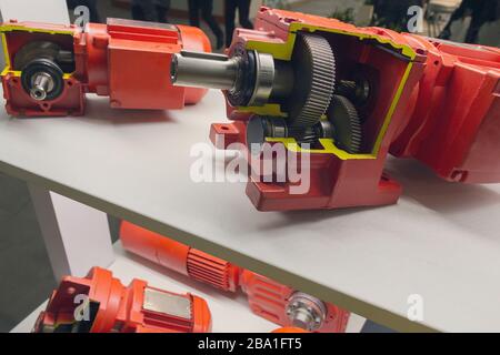 Schneckenuntersetzungsgetriebe im Abschnitt auf dem Ständer. Branche Stockfoto