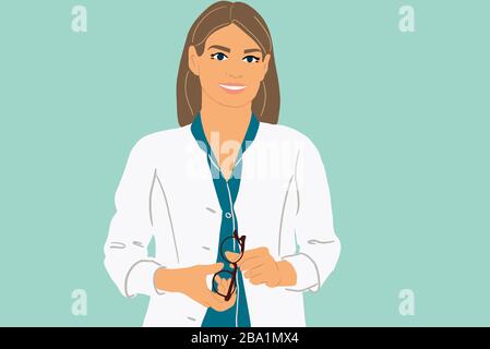 Portrait eines weiblichen, selbstbewussten Arztes im medizinischen Gown auf dem Farbhintergrund. Farbenfrohe Vektorgrafiken im flachen Cartoon-Stil Stock Vektor