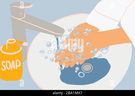 Frau wäscht die Hände mit einer Seife im Badezimmer aus der Nähe. Vektorgrafiken im flachen Cartoon-Stil Stock Vektor
