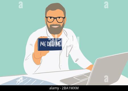 Porträt eines selbstbewussten Arztes mit Laptop im Büro. Medikamente zeigen. Farbenfrohe Vektorgrafiken im flachen Cartoon-Stil Stock Vektor