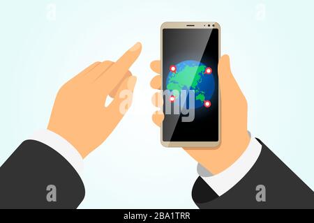 Hand halten Smartphone mit Erde Planeten und gps-Position Pin Zeiger auf Finger berühren Bildschirm. Globale Online-Lieferung oder Reise-Service mobile Navigation logistische App. Vektor-eps-Abbildung Stock Vektor