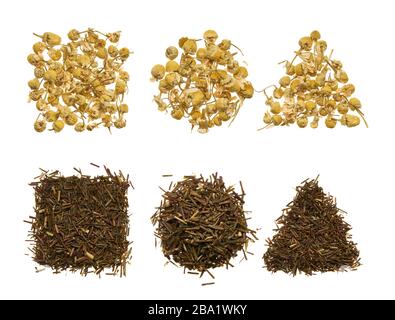 Die Schablone besteht aus Tee verschiedener Sorten. Quadrat, Kreis und Dreieck aus Trockenrasen. Stockfoto