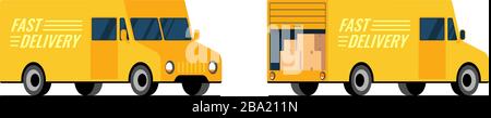 Schnelle Lieferung, gelbe Fahrzeugseite, Vorder- und Rückansicht eingestellt. Express Shipping Service van Konzept. Isometrische isolierte 3D-Darstellung mit flachem Vektor Stock Vektor