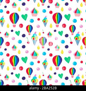 Nahtloses Muster Aquarell Illustration Heißluftballon Wolken Eiscreme Cupcake Kirschballon .Kinderferienmuster. Handbemalter Clipart Rain Stockfoto