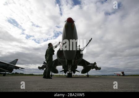 Flight Leutnant Andy Chisholm überprüft seinen Harrier vor der endgültigen Übergabe von RAF Aldergrove an das Joint Helicopter Command Flying Station Aldergrove, Antrim, Nordirland, 20. September 2009. Während einer Zeremonie, die das Ende der RAF in Nordirland nach 91 Jahren sah, wurde der Fähnrich der RAF abgesenkt und die Namensschilder geändert. Foto/Paul McErlane Stockfoto