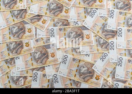 Hintergrund von der Vorderseite der polnischen 200 PLN-Banknote, Hintergrund für Finanzen und Wirtschaft. Stockfoto