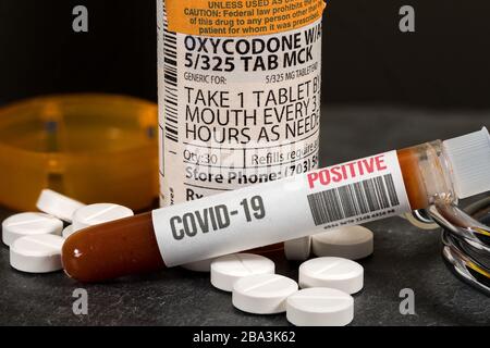 Oxycodone ist der allgemeine Name für eine Reihe von Opoid-Pain-Killing-Tabletten mit einem positiven Bluttestergebnis von Coronavirus Stockfoto