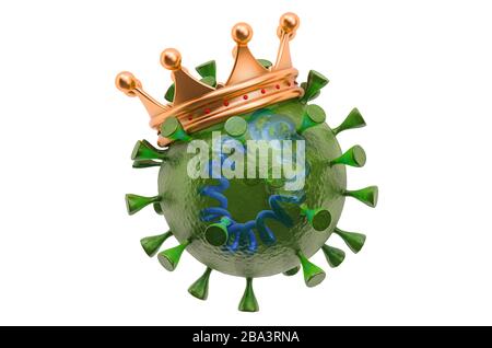 Coronavirus mit goldener Krone, 3D-Rendering Stockfoto