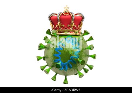 Virus mit Goldkrone, 3D-Rendering isoliert auf weißem Hintergrund Stockfoto