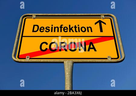 Digital Composing, Symbolbild, Ortsnamenschild, Desinfektion, Coronavirus, Sars-CoV-2, Covid-19, Deutschland Stockfoto