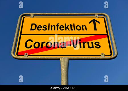 Digital Composing, Symbolbild, Ortsnamenschild, Desinfektion, Coronavirus, Sars-CoV-2, Covid-19, Deutschland Stockfoto