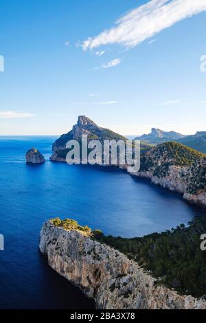 Blick von Mirador es Colomer, Cap Formentor, Formentor-Halbinsel, in der Nähe von Pollenca, Mallorca, Balearen, Spanien Stockfoto