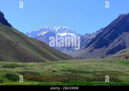 Cerro Acconcagua, Parque Provincial Acconcagua, in der Nähe von Uspallata, Provinz Mendoza, Argentinien Stockfoto