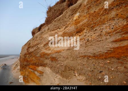 Felskante, Steilwand durch Sturmfluten am Kraftwerk Minsener Oog, Nationalpark Niedersachsen-Wattenmeer, Niedersachsen, Deutschland Stockfoto