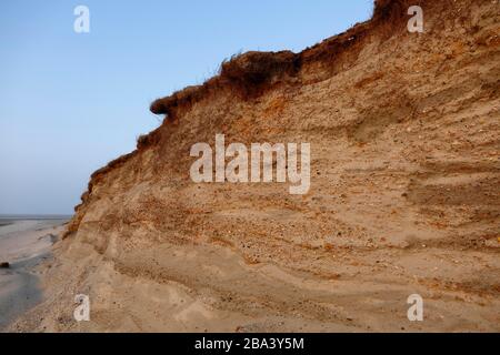 Felskante, Steilwand durch Sturmfluten am Kraftwerk Minsener Oog, Nationalpark Niedersachsen-Wattenmeer, Niedersachsen, Deutschland Stockfoto